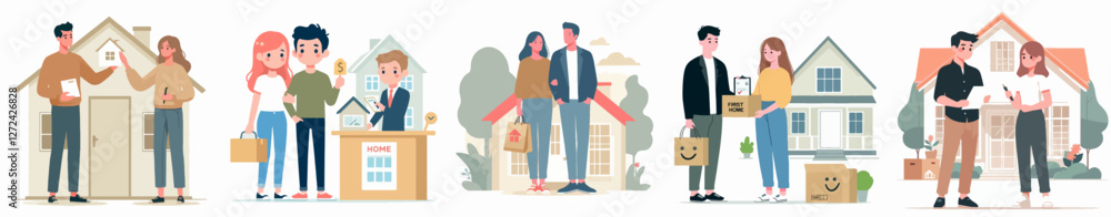 A couple buying their first home, feeling proud. Style flat design, simple, minimalist, background white. Standing fullbody. A couple buying their first home, feeling proud. Style flat design, simple, minimalist, background white. Standing fullbody.