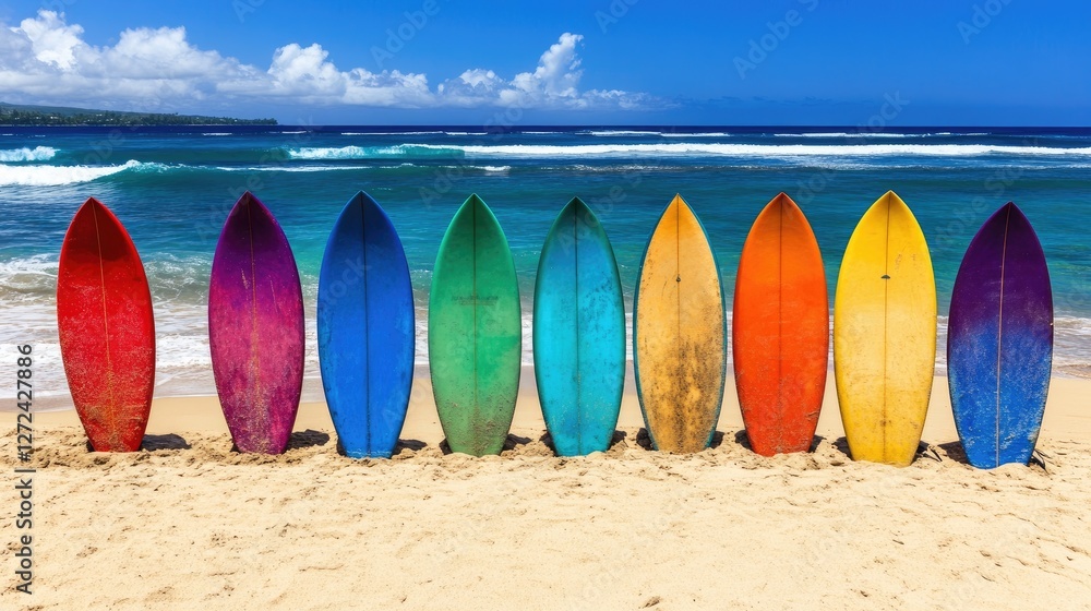 Multiple surfboards, each with unique colors, resting on the sand with the ocean waves in the distance. No people no text Multiple surfboards, each with unique colors, resting on the sand with the ocean waves in the distance. No people no text