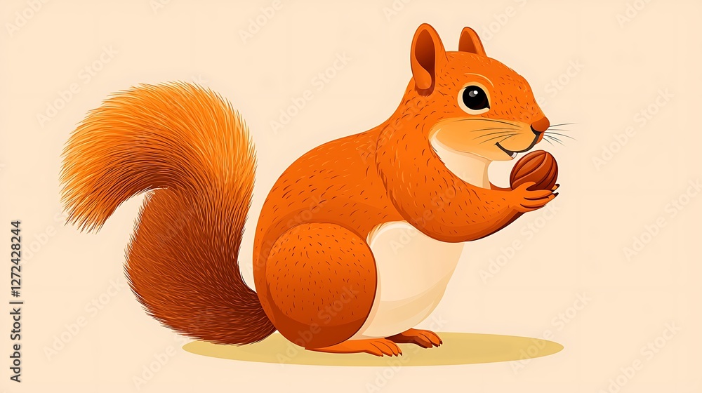Fototapeta premium Playful Cartoon Squirrel Holding a Nut on Light Background