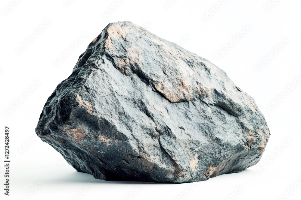 A large, rough, gray rock isolated on a white background. Its texture is coarse and uneven, showing signs of weathering and erosion. The rock's color is predominantly gray with hints of brown A large, rough, gray rock isolated on a white background. Its texture is coarse and uneven, showing signs of weathering and erosion. The rock's color is predominantly gray with hints of brown