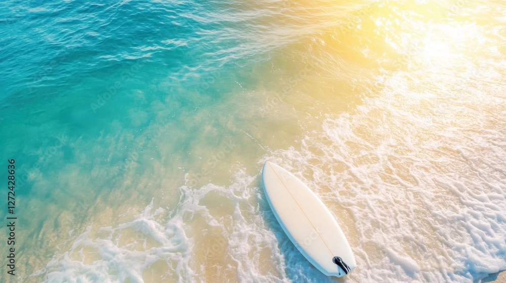 Obraz premium White Surfboard on Tranquil Ocean Shore