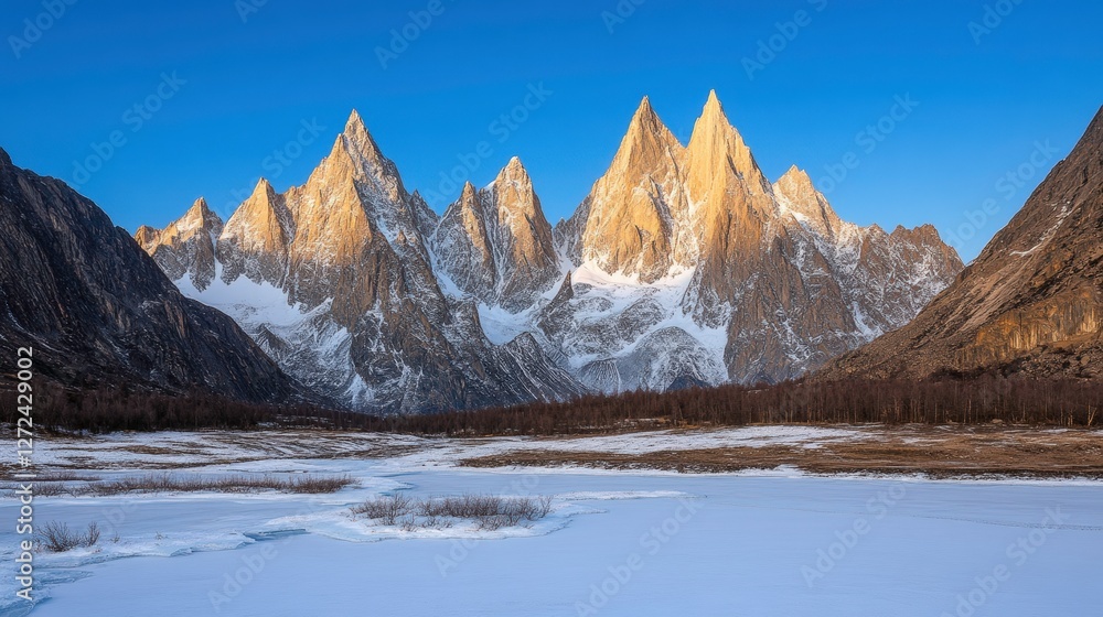 Obraz premium Rugged mountain peaks against a clear sky reflecting in frozen lake in a remote valley
