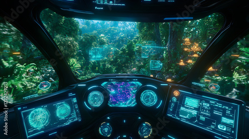 Wallpaper Mural Jungle Flight from Futuristic Cockpit Amidst Dense Foliage and Advanced Technological Display. Torontodigital.ca