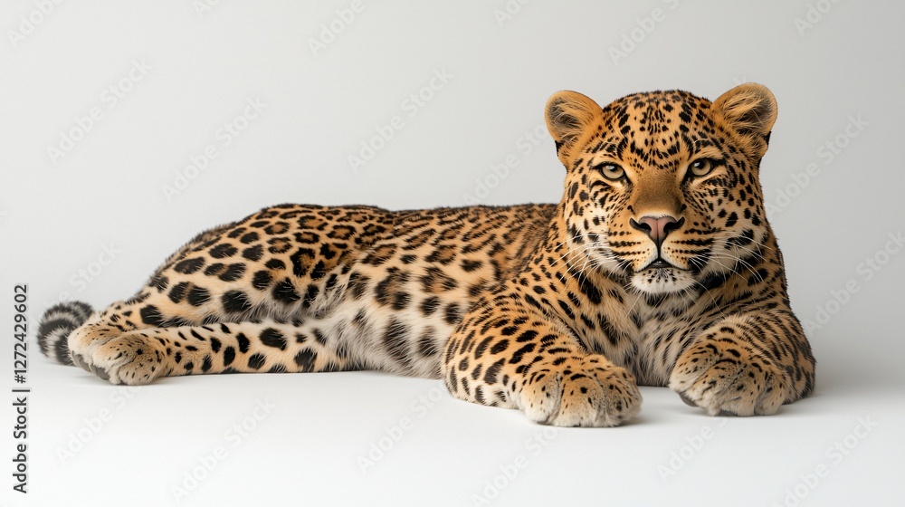 Leopard resting, studio shot, white background, wildlife photography Leopard resting, studio shot, white background, wildlife photography
