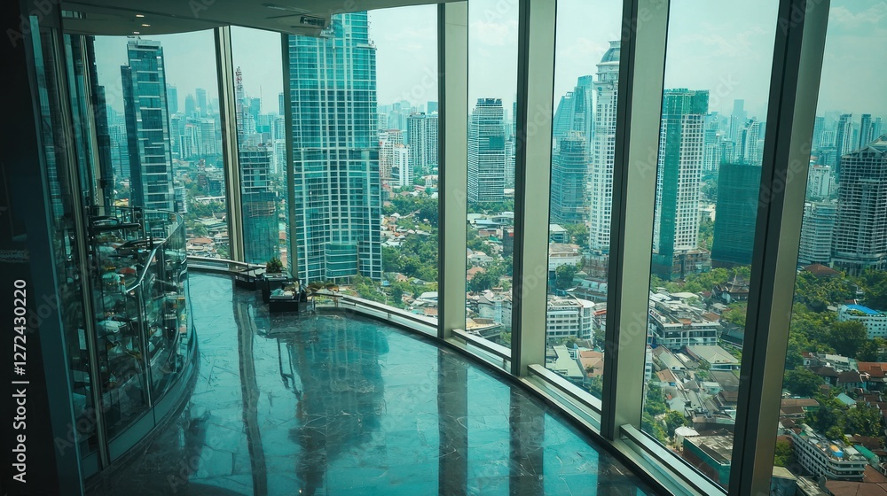 Fototapeta premium Panoramic city view from skyscraper's high floor.