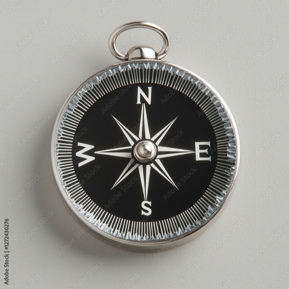 Shiny silver compass pointing north on a light background for navigation, travel or direction Shiny silver compass pointing north on a light background for navigation, travel or direction