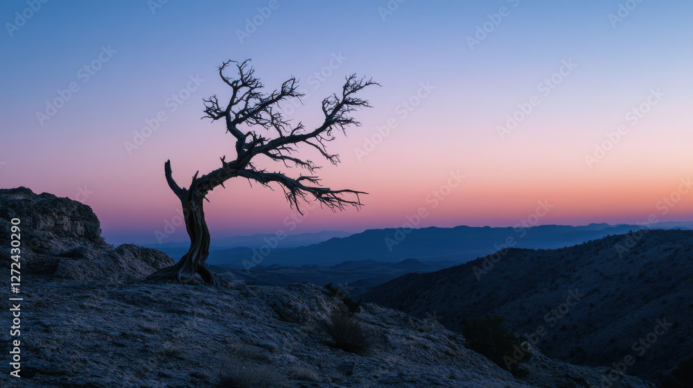 A rugged desert landscape at twilight, featuring a single windswept tree perched on a rocky ridge, silhouetted against a soft pastel sky A rugged desert landscape at twilight, featuring a single windswept tree perched on a rocky ridge, silhouetted against a soft pastel sky