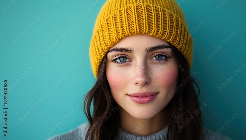 Woman in yellow beanie, turquoise background, soft light, gentle smile, closeup portrait Woman in yellow beanie, turquoise background, soft light, gentle smile, closeup portrait