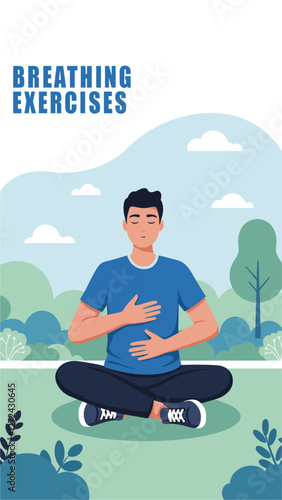 Breathing exercise to restore health, man sitting on the grass. Minimalist flat design cartoon