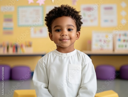 Obraz na płótnie Smiling boy standing in kindergarten classroom, looking at camera for education use w salonie