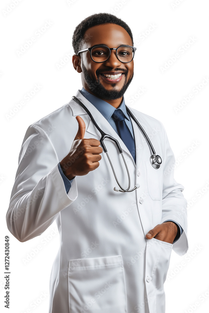 Fototapeta premium Smiling Afro American Male Doctor in Lab Coat Giving Thumbs Up Isolated on Transparent Background