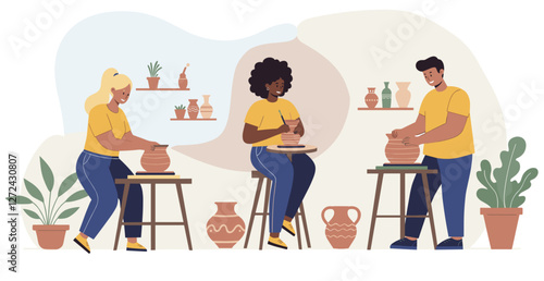 Three people doing ceramic therapy together. Minimalist flat design cartoon