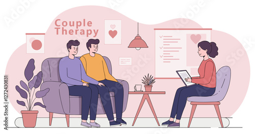 Gay couple doing therapy together with professional psychologist. Colorful minimalist flat design