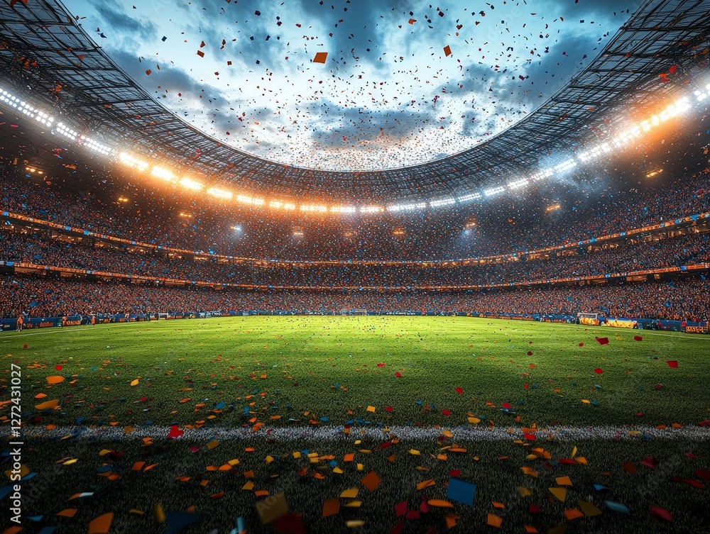 Soccer field celebrates with falling confetti with crowds cheering in the background