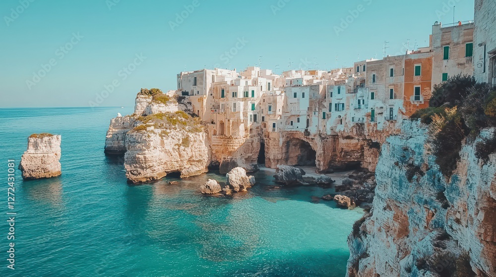 Fototapeta premium Coastal town built into cliffs overlooking turquoise sea.
