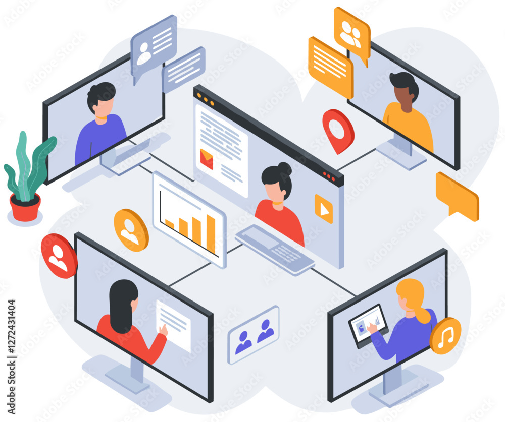 Obraz premium Virtual team work conceptual minimalist vector cartoon