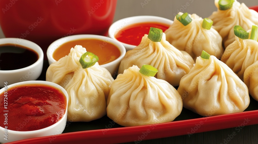 Steamed dumplings served with dipping sauce on a plate, served indoors. Possible food blog/restaurant use Steamed dumplings served with dipping sauce on a plate, served indoors. Possible food blog/restaurant use