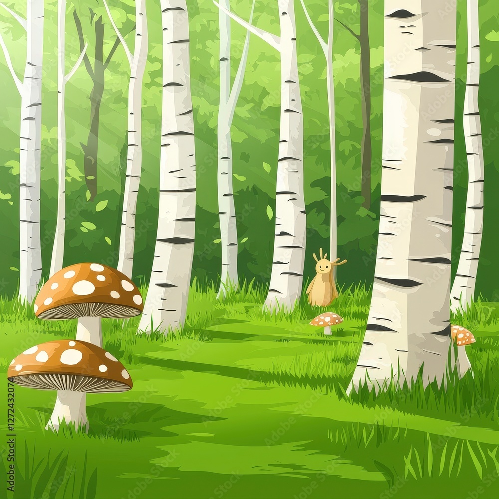 Sunny day in a forest. Cute forest animals and mushroom. Nature illustrations for children's stories