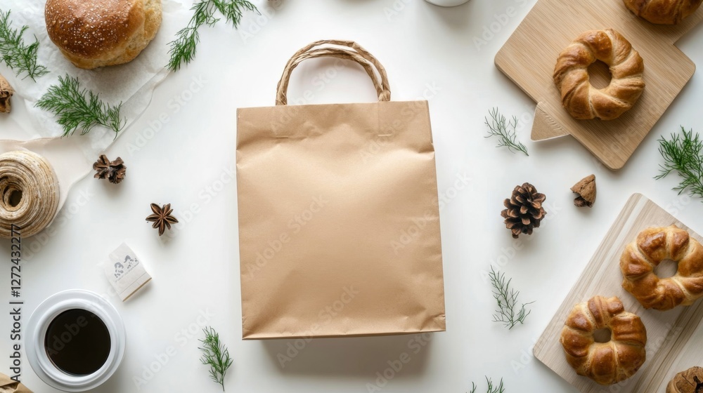 Obraz premium Beige Paper Shopping Bag surrounded by Baked Treats and Festive Greenery on a White Table