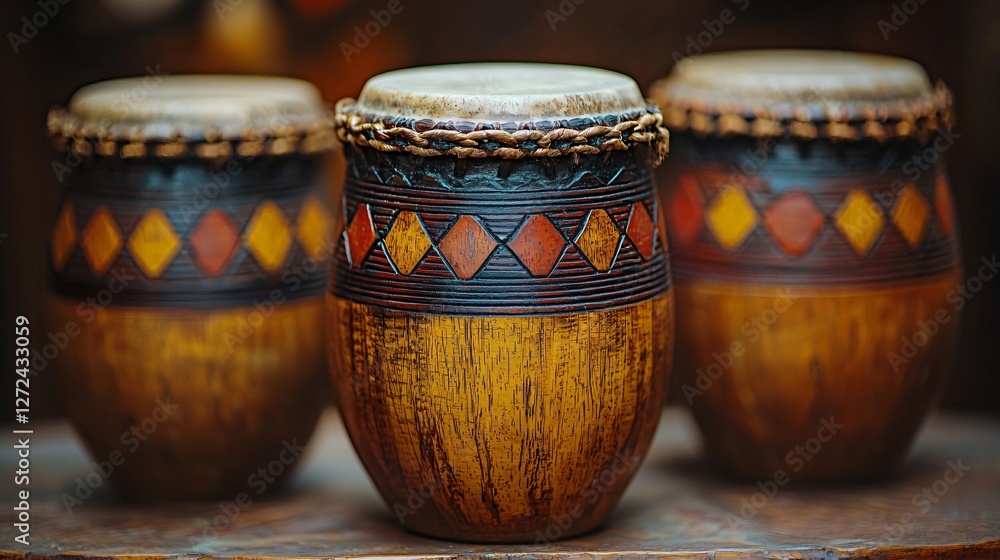 Three ornate drums, artisan craft, market display, ethnic background Three ornate drums, artisan craft, market display, ethnic background