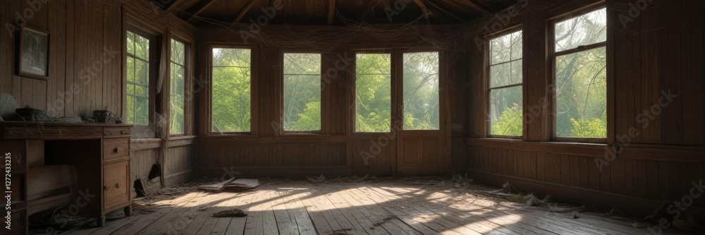 Cobwebs covering the interior of an old summer house with broken furniture , decay, dust Cobwebs covering the interior of an old summer house with broken furniture , decay, dust