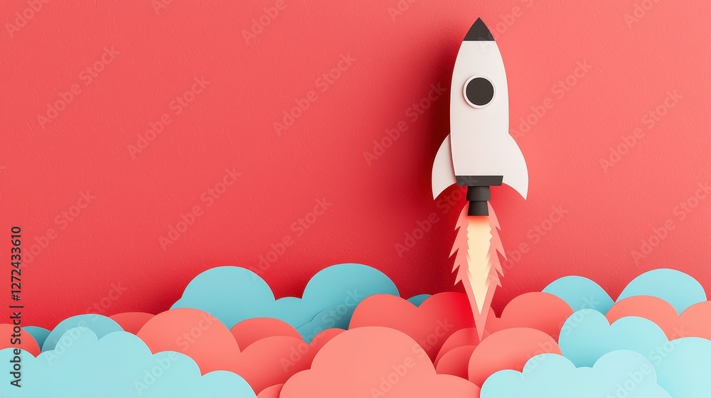 Toy rocket launching into sky, concept of ambition, success and innovation with clouds