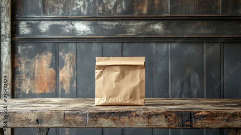 Simple Brown Paper Bag on Weathered Wooden Table Against Rustic Wall Simple Brown Paper Bag on Weathered Wooden Table Against Rustic Wall
