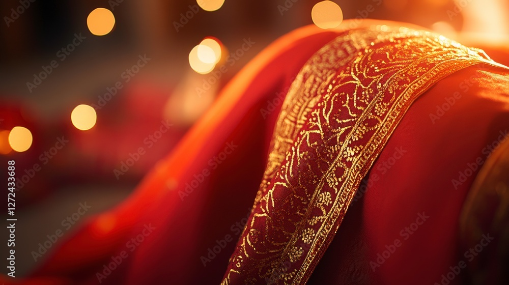 Obraz premium Traditional saree fabric close-up at a cultural celebration with bokeh lights in a warm setting
