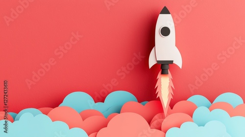 Obraz na płótnie Toy rocket launching into sky, concept of ambition, success and innovation with clouds w salonie