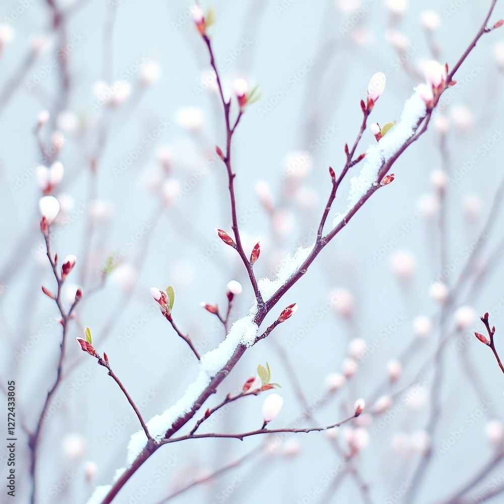 Tree branch blossoms covered in snow. Spring growth after winter. Nature background for design Tree branch blossoms covered in snow. Spring growth after winter. Nature background for design