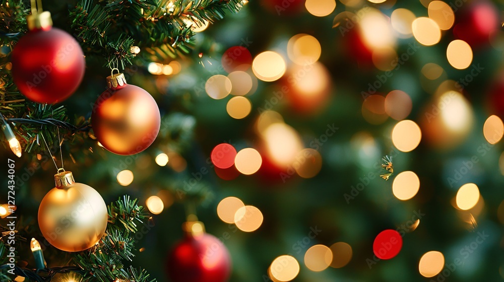 Festive Christmas tree ornaments, lights, bokeh background. Holiday card Festive Christmas tree ornaments, lights, bokeh background. Holiday card