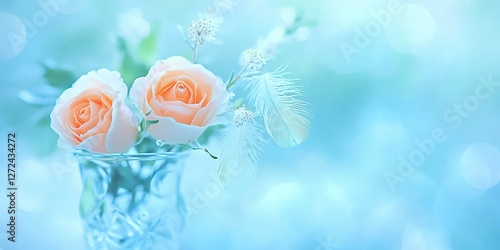 Two roses in glass vase on bokeh background, symbolizing love, affection