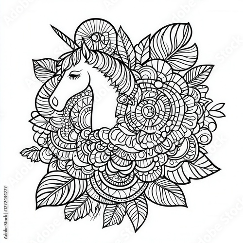 Unicorn coloring book page, surrounded by flowers and leaves. Decorative drawing