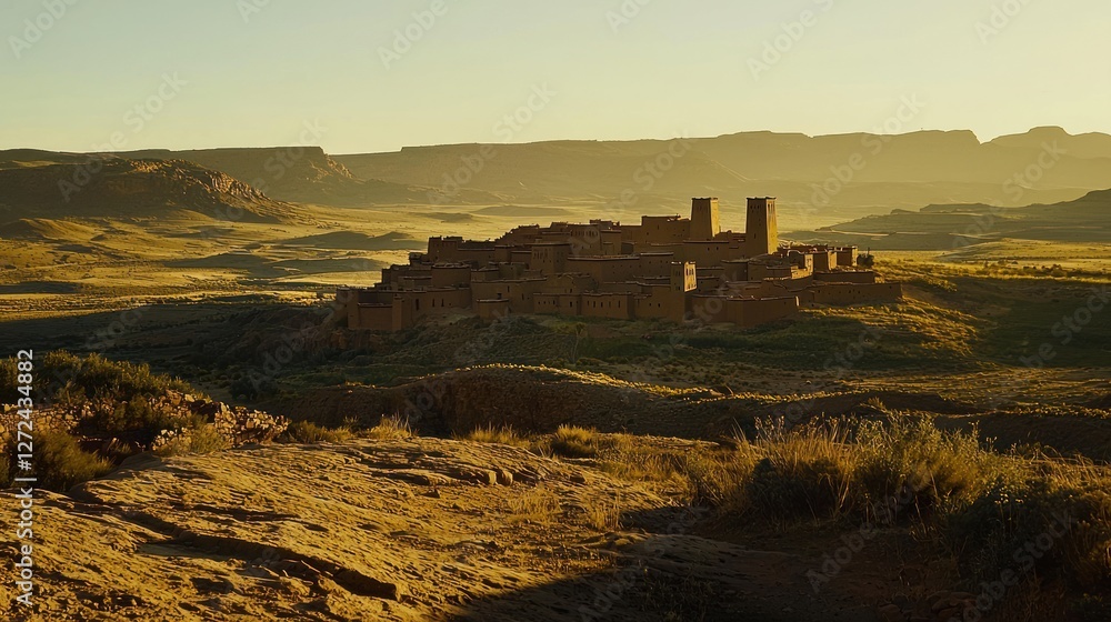 Fototapeta premium Sunset view of ancient stone village in desert valley.