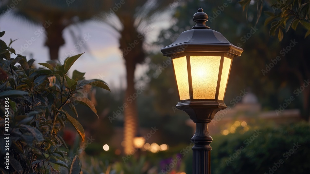Radiant and classic CS Post Top Light glowing in a beautifully designed outdoor environment. No people, no text. Radiant and classic CS Post Top Light glowing in a beautifully designed outdoor environment. No people, no text.
