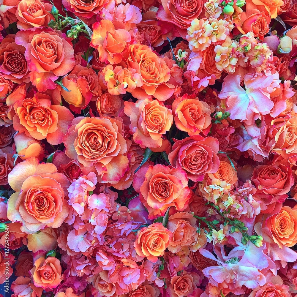 Vivid orange rose display with mixed blossom filling frame; backdrop for event Vivid orange rose display with mixed blossom filling frame; backdrop for event