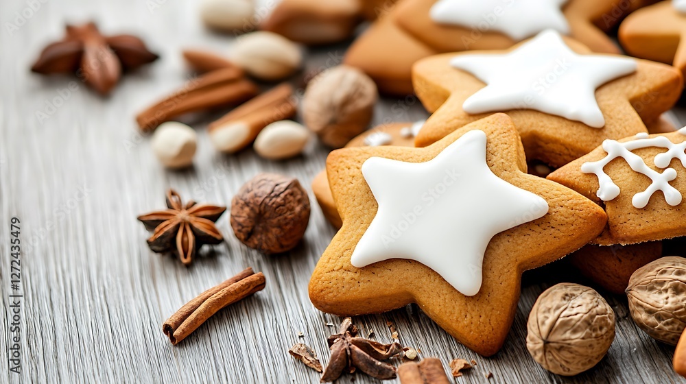 Freshly Decorated Star-Shaped Cookies with Spices and Nuts Display Freshly Decorated Star-Shaped Cookies with Spices and Nuts Display