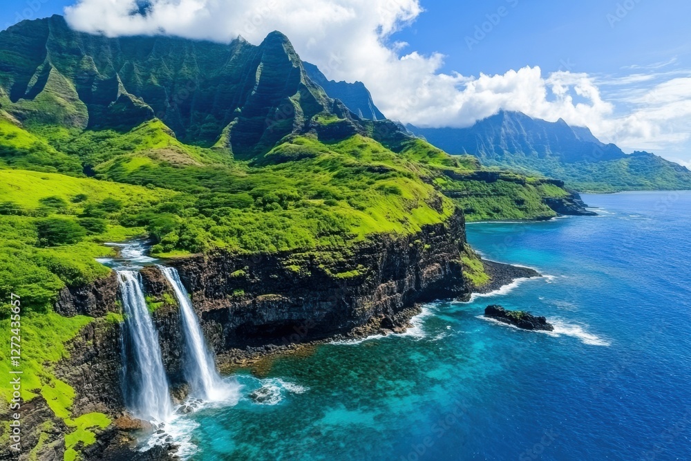 Stunning waterfall cascading from lush cliffs into a vibrant ocean. Stunning waterfall cascading from lush cliffs into a vibrant ocean.