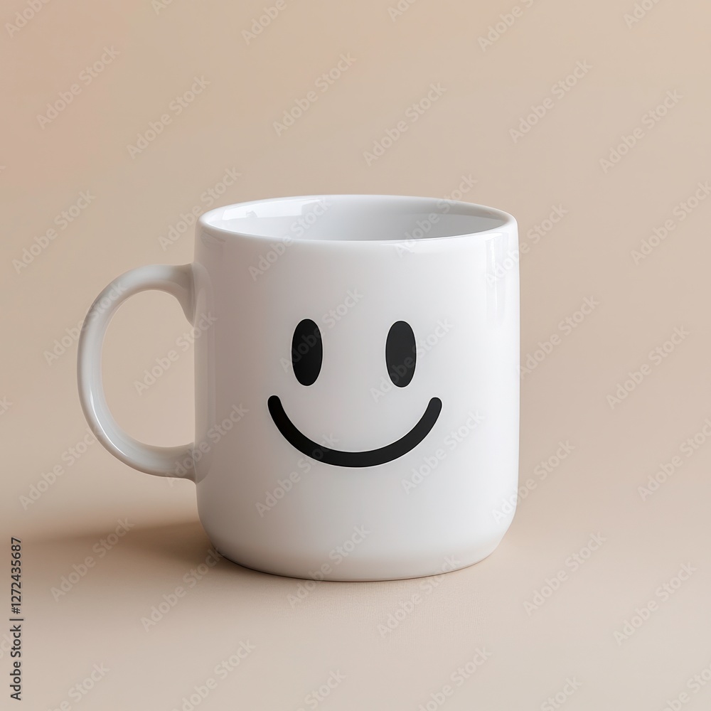 White cup with a smiling face on a beige surface. Promotion, home decor, product placement White cup with a smiling face on a beige surface. Promotion, home decor, product placement