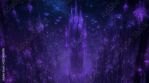 Purple City Skyline Futuristic Towers Cosmic Dreamscape Science Fiction Fantasy Amethyst Hue Urban Scene.