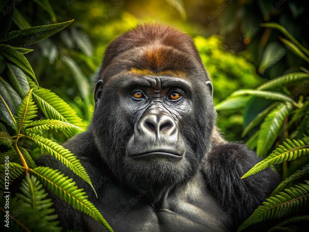 Majestic Gorilla Portrait: Aerial View of a Silverback in Lush Jungle Habitat Majestic Gorilla Portrait: Aerial View of a Silverback in Lush Jungle Habitat