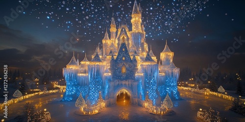 Winter fairytale castle shines under the night sky, suitable for holiday-themed designs
