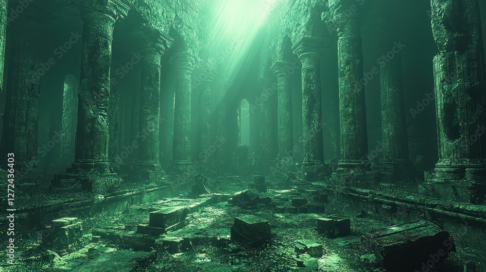 Fototapeta premium Sunlit Ruins of an Ancient Underwater Temple