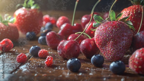 Fresh summer berries on wooden surface. photo