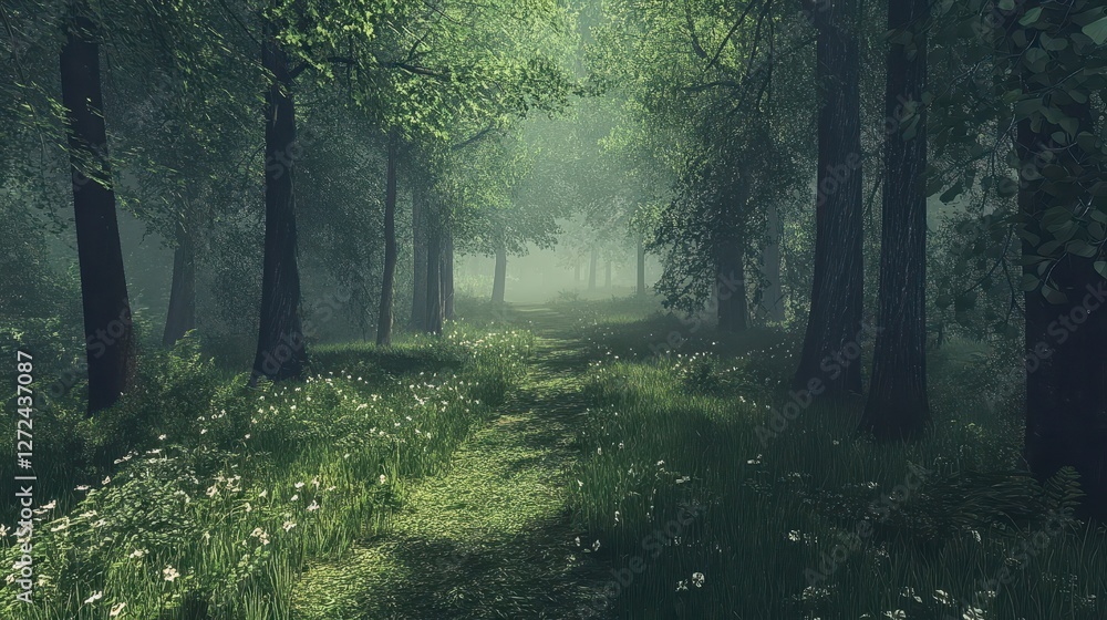 Obraz premium Serene Forest Pathway Surrounded by Lush Greenery and Light Mist