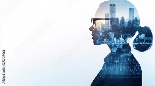 Woman's silhouette with city buildings double exposure for business concept