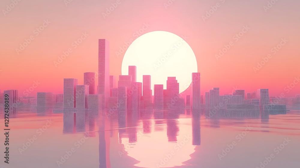 Obraz premium Pink Cityscape Silhouette at Sunset Over Water