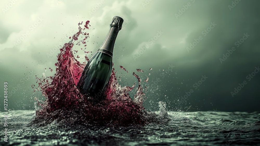 Fototapeta premium Red wine bottle splashing in dark water.