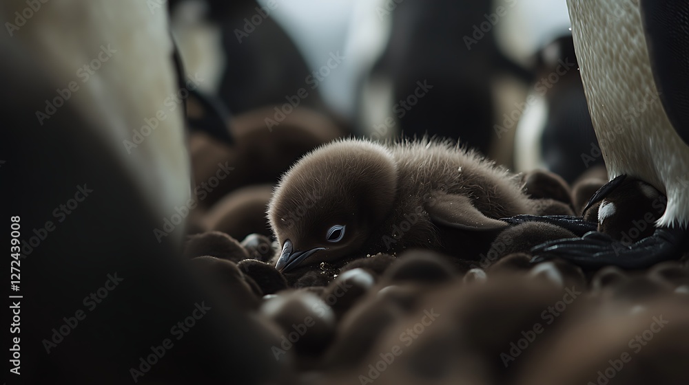 Obraz premium A close-up view of a fluffy penguin chick nestled among brown pebbles surrounded by adult penguins their feathers glistening with droplets of moisture