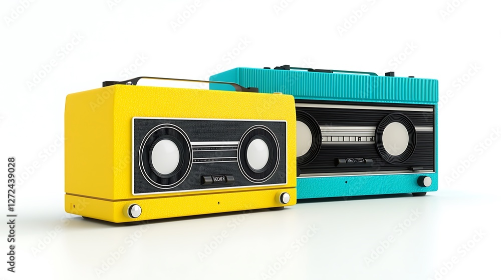 Fototapeta premium Vintage Radio Set Featuring Bright Yellow and Aqua Color Designs
